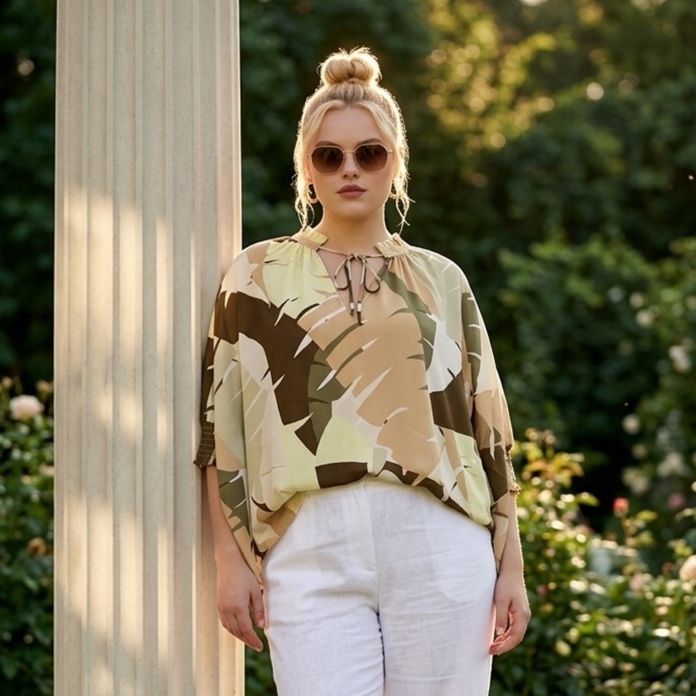 EUC Worthington SZ 2X brown/beige/green/white 3/4 length sleeve blouse/bust 58”